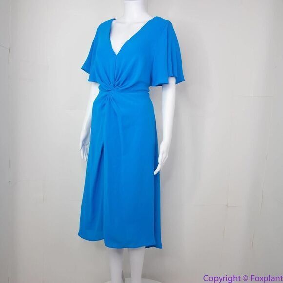 ADRIANNA PAPELL Blue Twist Front High low Flutter Sleeve Fit Flare Dress, 14W - Picture 14 of 16